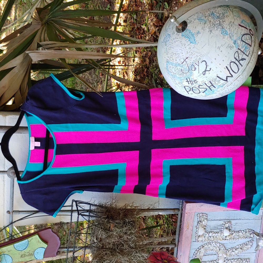 Lilly Pulitzer Navy Dress with Pink and Teal Geometric Print
